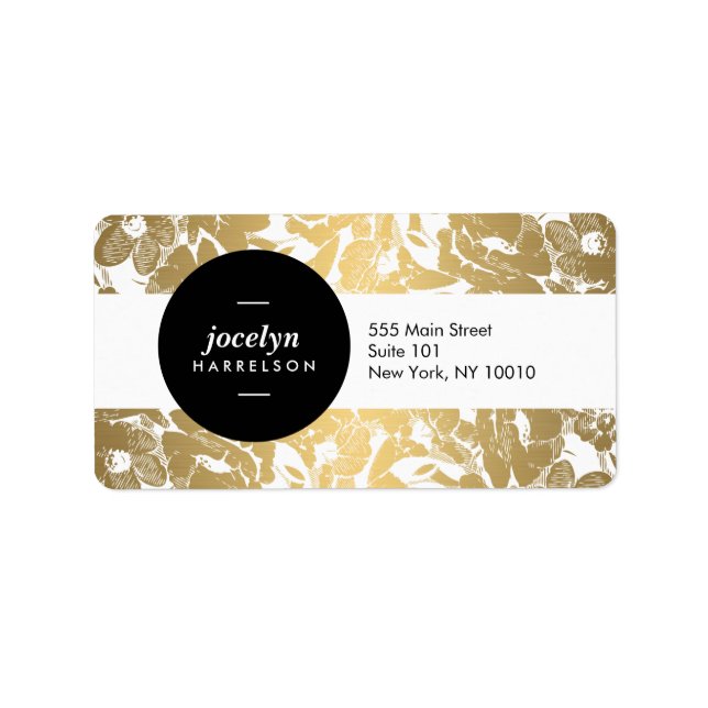 Black Circle Address Label der modernen Gold Blume Adressaufkleber (Vorne)