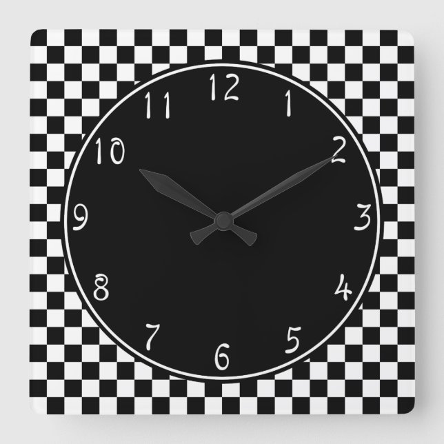Black circle White Checkerboard pattern Quadratische Wanduhr (Vorderseite)