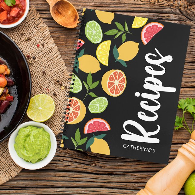 Black Citrus Lemon Orange Muster Namensschilder hi Notizbuch (Von Creator hochgeladen)