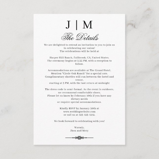 Black & Classic Monogram Wedding Reception Begleitkarte (Vorderseite)