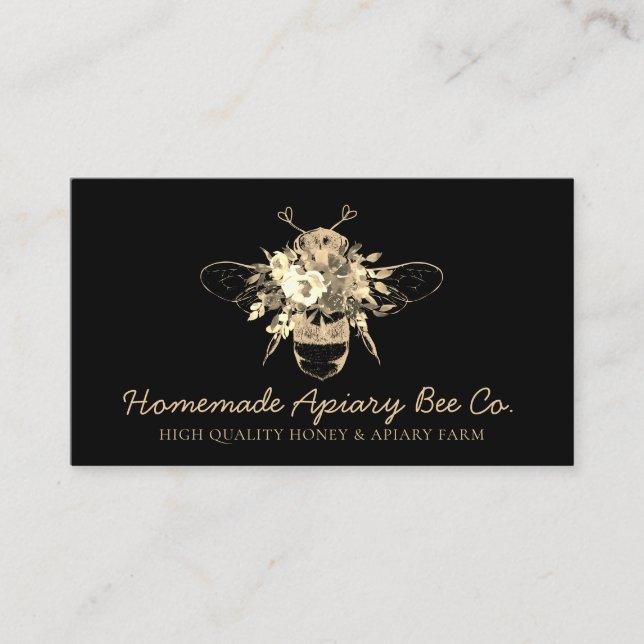 Black Classy Heart Gold Floral Honey Biene Visitenkarte (Vorderseite)