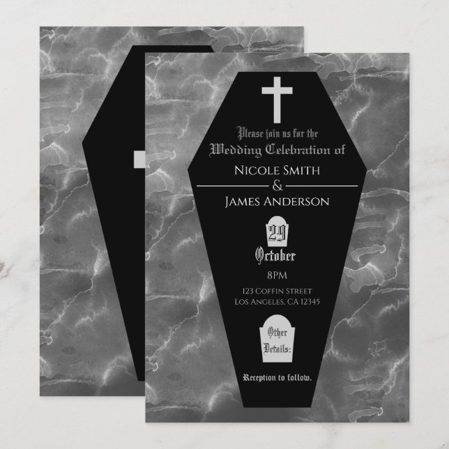 Black Coffin Grabstein Gothic Halloween Hochzeit Einladung (Vorne/Hinten)