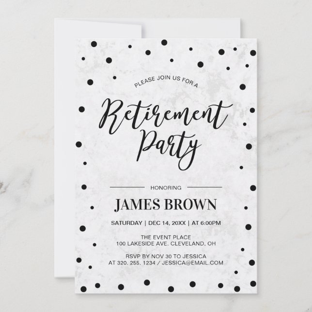 Black Confetti & Marble | Modernes Party für die A Einladung (Vorderseite)