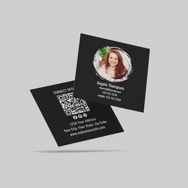 Black Connect with Me Photo QR Code  Quadratische Visitenkarte (Black and white photo business card template.)