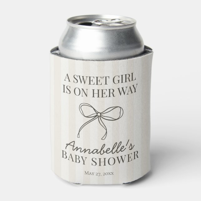 Black Coquette Bow Beige Stripe Baby Dusche Gefall Dosenkühler (Kanne Vorderseite)