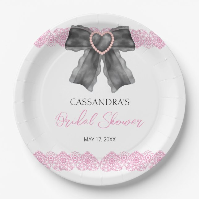 Black Coquette Bow Pink Lace Brautparty Pappteller (Vorderseite)