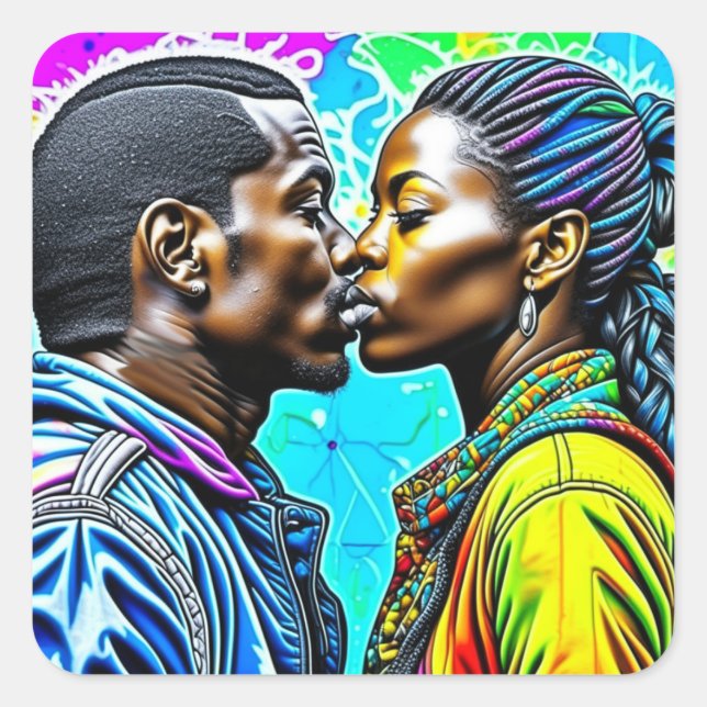 Black Couple Küssen in Liebe Quadratischer Aufkleber (Vorderseite)
