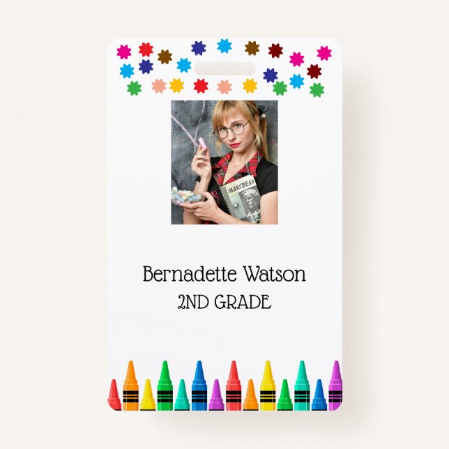 Black Crayons & Stars farbenfrohe Schullehrerin Ausweis (Vorderseite)