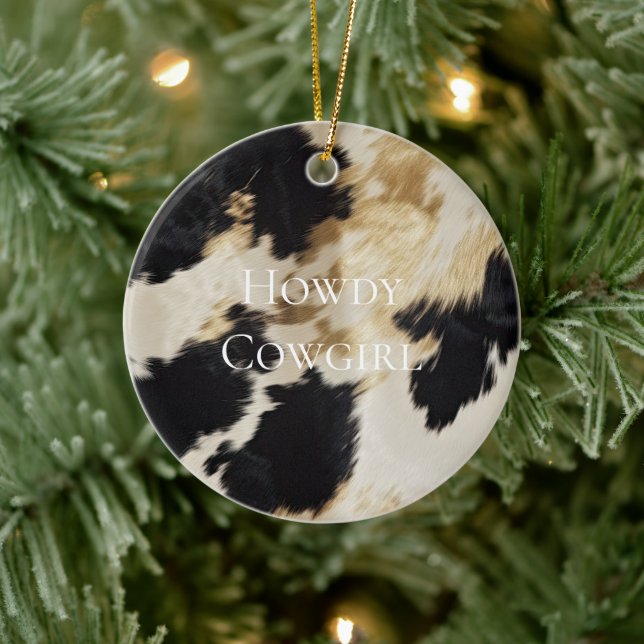 Black Cream Gold Western Cowhide Keramik Ornament (Baum)