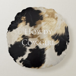 Black Cream Gold Western Cowhide Rundes Kissen
