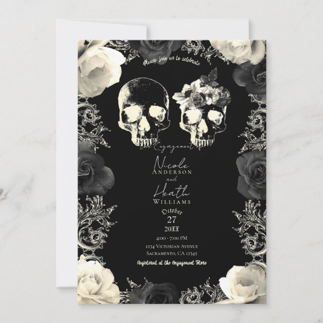 Black Cream Graue Skelettin Skull Engagement Party Einladung (Vorderseite)