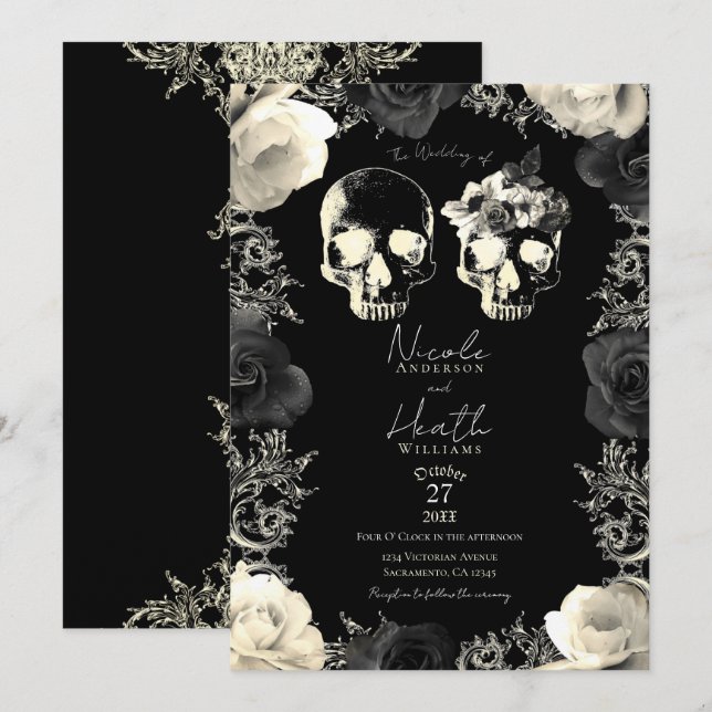 Black Cream Gray Skeleton Skull Gothic Wedding Einladung (Vorne/Hinten)