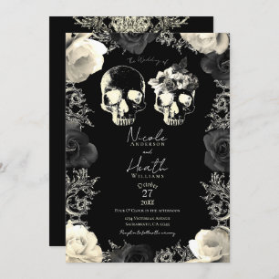 Black Cream Gray Skeleton Skull Gothic Wedding Einladung