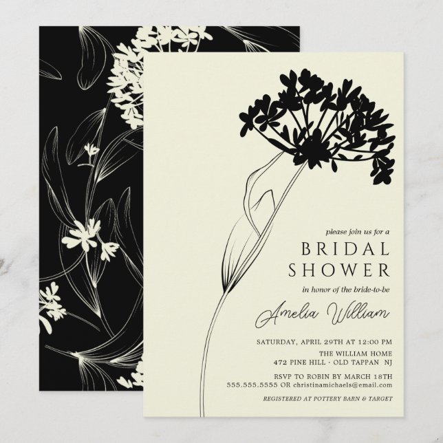 Black & Cream Modern Floral Brautparty Invitati Einladung (Vorne/Hinten)