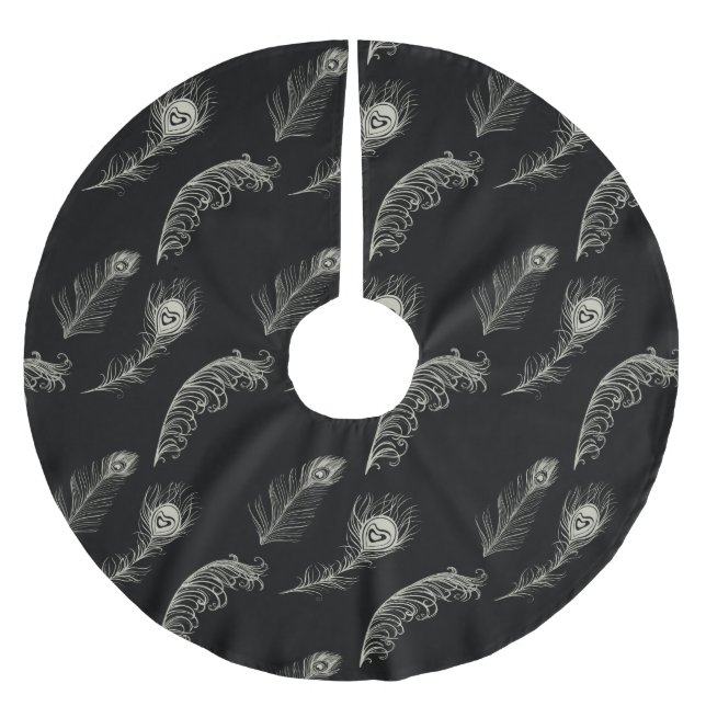 Black Cream Peacock Feathers Polyester Weihnachtsbaumdecke (Vorderseite)