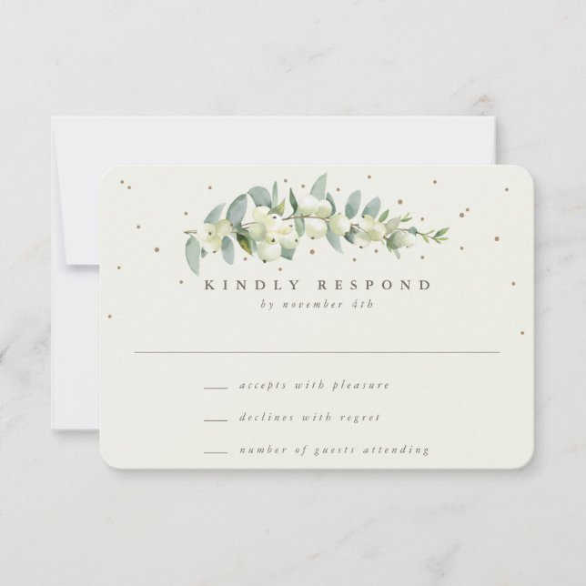Black/Cream Snowberry+Eukalyptus Stem Wedding RSVP Karte (Vorderseite)