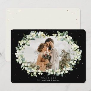 Black/Cream Snowberry+Eukalyptus Wedding Foto Dankeskarte