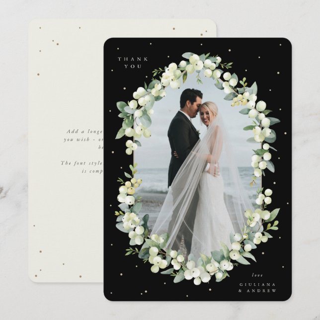 Black/Cream Snowberry+Eukalyptus Wedding Foto Dankeskarte (Vorne/Hinten)