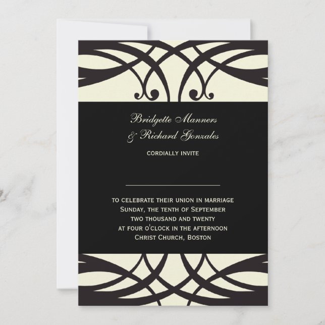 Black Cream Wedding Einladung Art Déco (Vorderseite)