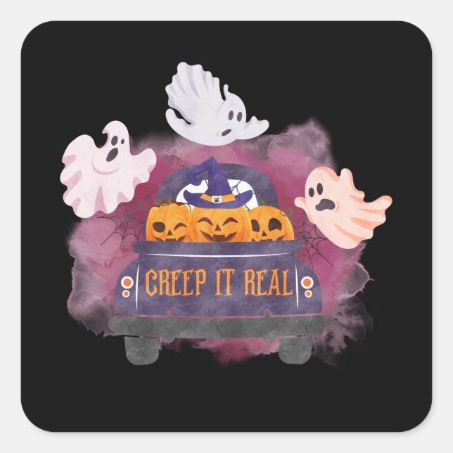 Black Creep It Real Pumpkin Ghost Halloween Quadratischer Aufkleber (Vorderseite)