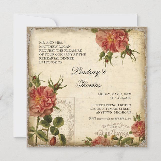 Black Creme Vintag Eiffelturm Probe Abendessen Einladung (Vorderseite)