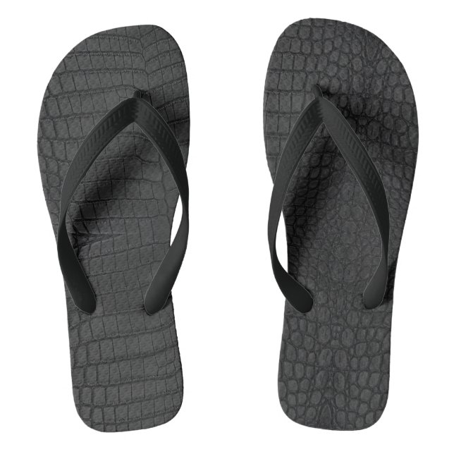 Black Crocodile Leather Print Flip Flops (Fußbett)