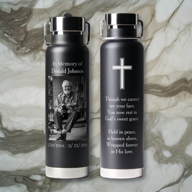 Black Cross and Poem Photo Memorial Trinkflasche (Von Creator hochgeladen)