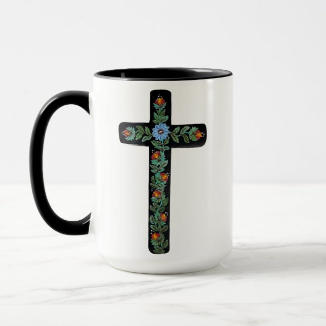 Black Cross with Flowers Tasse (Links)