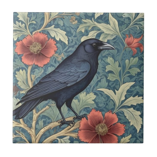 Black Crow Bird William Morris Stil Fliese (Vorderseite)