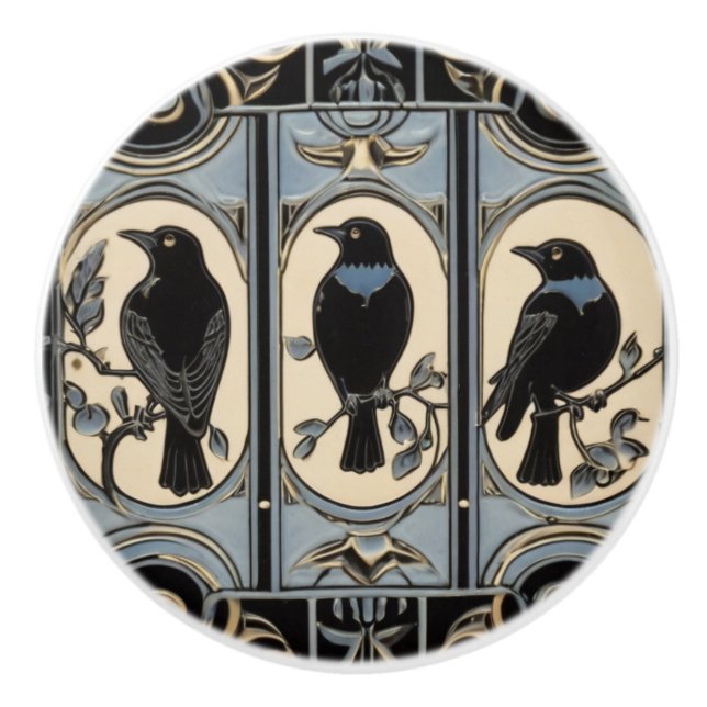 Black Crow Birds Art Nouveau Art Deco Bird Keramikknauf (Vorderseite)