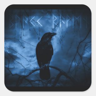 Black Crow mit Runen Dark Goth Style Quadratischer Aufkleber