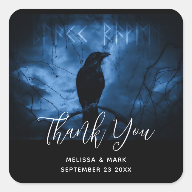 Black Crow mit Runes Dark Goth Style Wedding Quadratischer Aufkleber (Vorderseite)