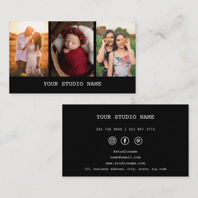 Black Custom 3 Foto Fotograf Business Card Visitenkarte (Vorne/Hinten)