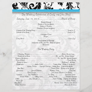 Black Damak Swirls Bright Aqua Wedding Programme