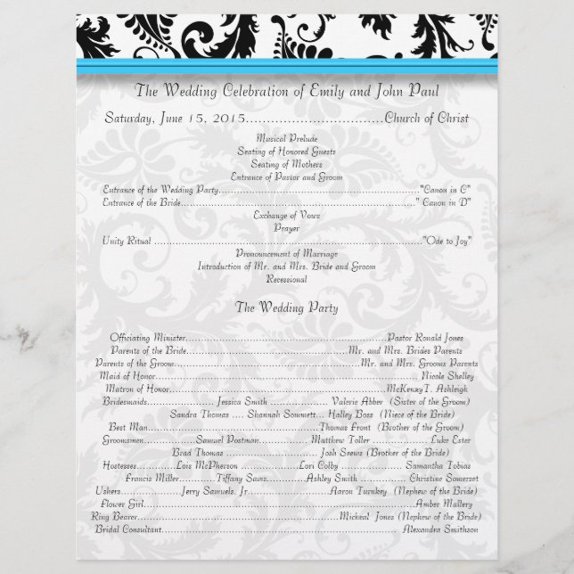 Black Damak Swirls Bright Aqua Wedding Programme (Devant)