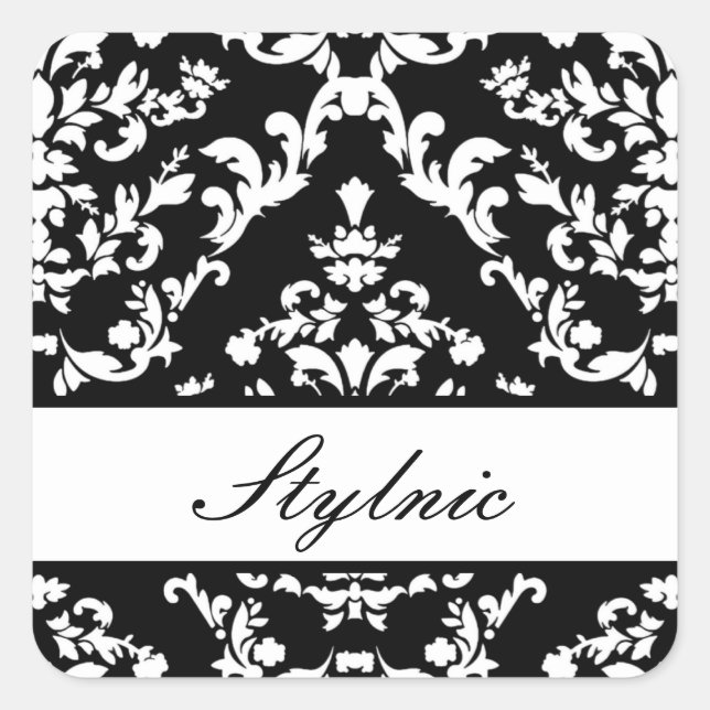 Black Damask #3 @ Stylnic mit benutzerdefiniertem  Quadratischer Aufkleber (Vorderseite)
