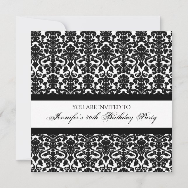 Black Damask 40. Geburtstag Party Einladungen (Vorderseite)