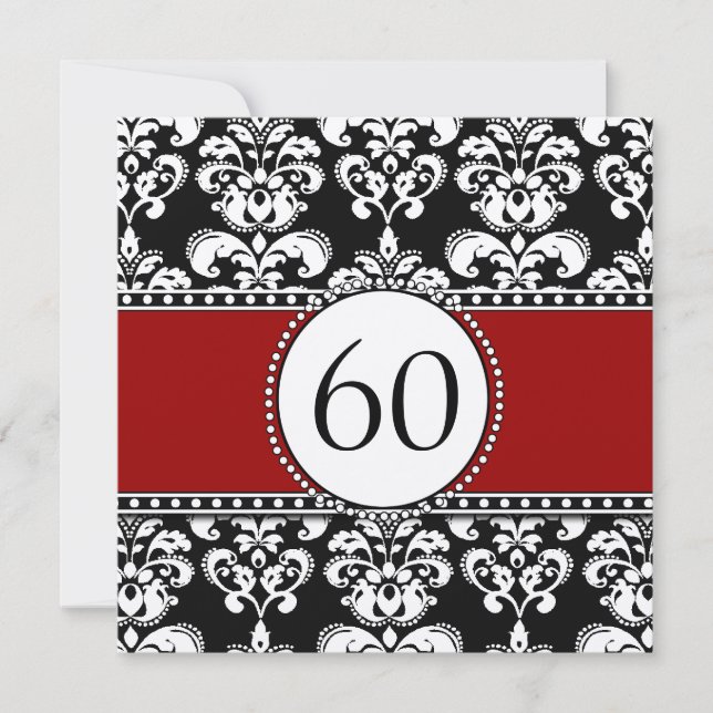 Black Damask 60th Birthday Invitations Red (Devant)