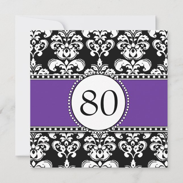 Black Damask 80e anniversaire Invitations violette (Devant)