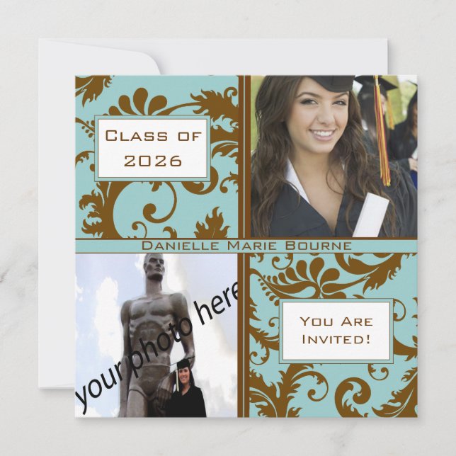 Black Damask Aqua Blue Abschluss Einladung (Vorderseite)