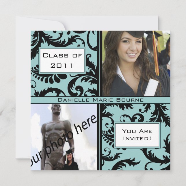 Black Damask Aqua Blue Abschluss Einladung (Vorderseite)