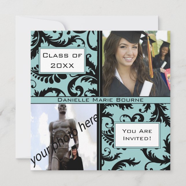 Black Damask Aqua Blue Graduation Invitation (Devant)