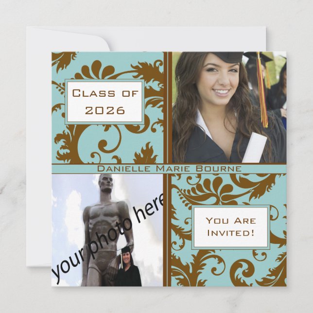 Black Damask Aqua Blue Graduation Invitation (Devant)