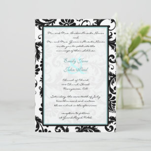 Black Damask Aqua Blue Monogram Wedding Einladung