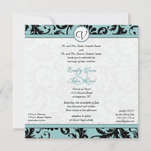 Black Damask Aqua Blue Wedding Einladung