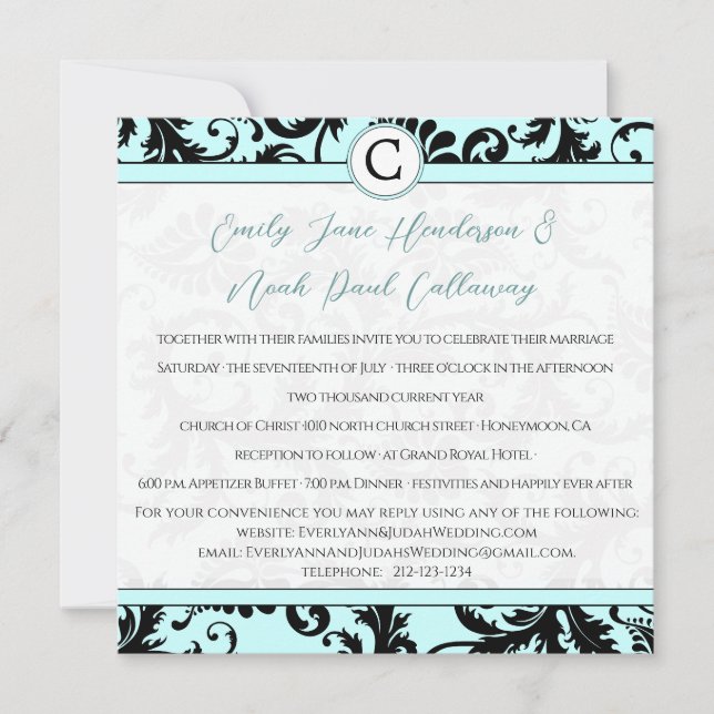 Black Damask Aqua Blue Wedding Einladung (Vorderseite)