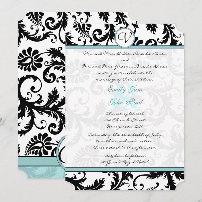 Black Damask Aqua Blue Wedding Einladung (Vorne/Hinten)