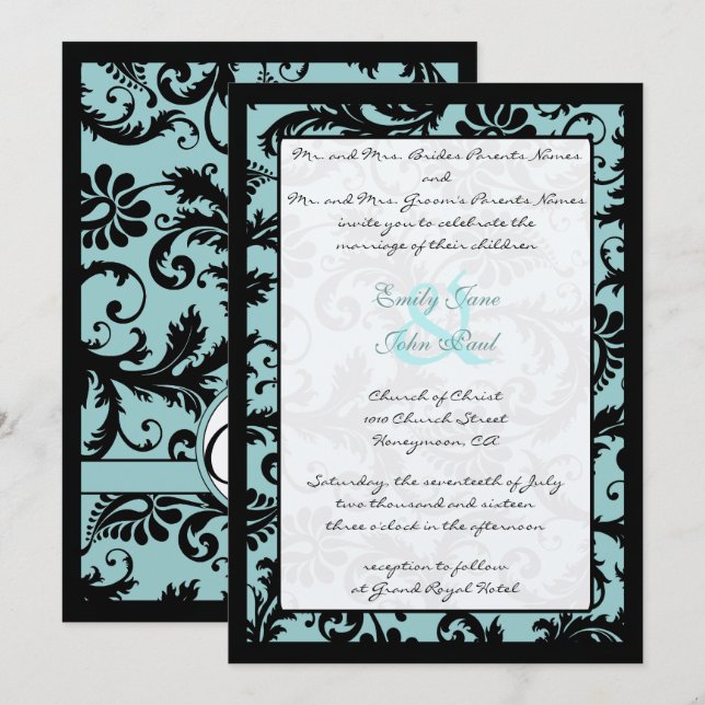 Black Damask Aqua Blue Wedding Einladung (Vorne/Hinten)