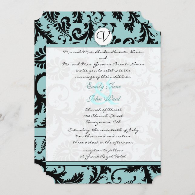 Black Damask Aqua Blue Wedding Einladung (Vorne/Hinten)