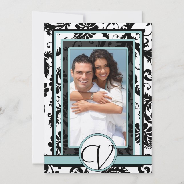 Black Damask Aqua Blue Wedding Einladung (Rückseite)